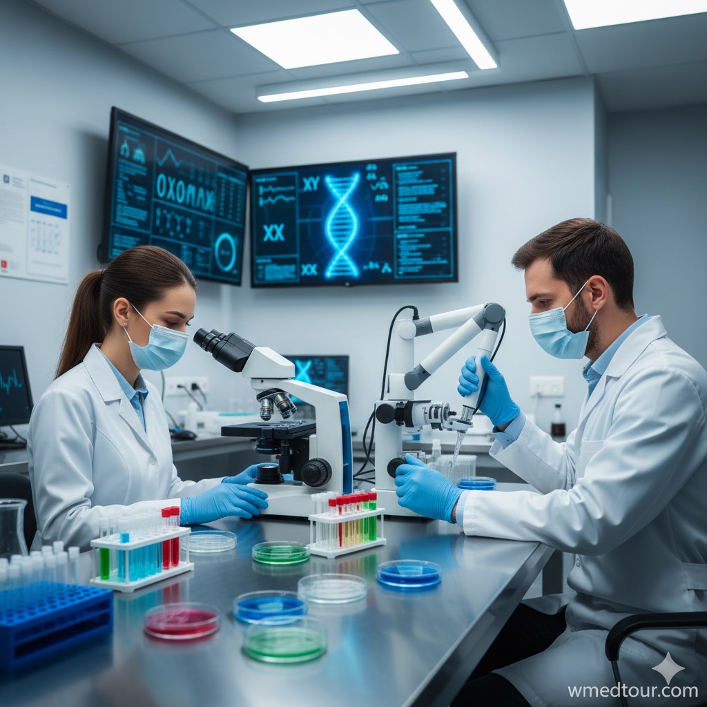 Scientists in a laboratory performing genetic screening and embryo analysis for IVF gender selection