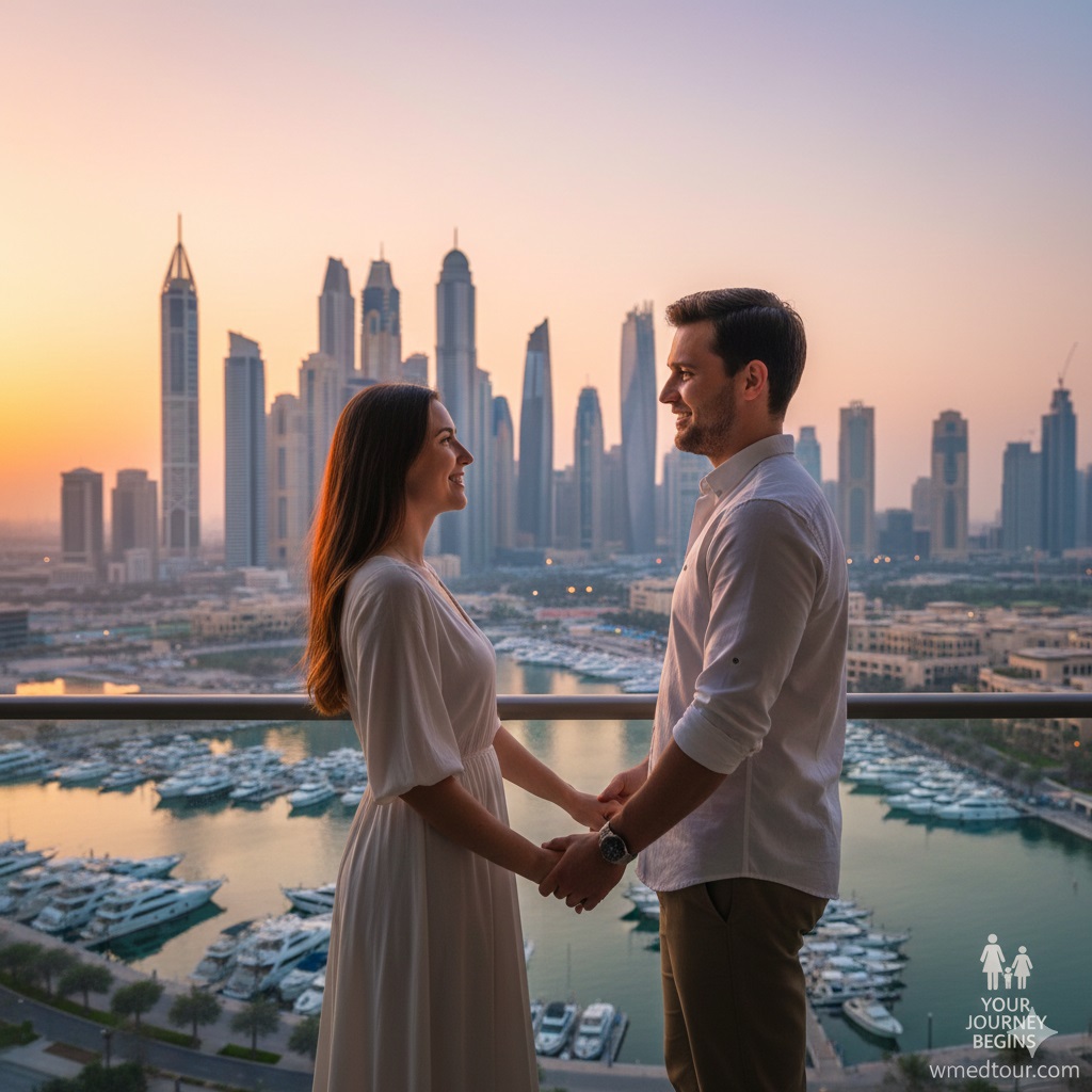 A hopeful couple holding hands on a balcony overlooking a modern city skyline at sunset, symbolizing their journey towards family building through IVF abroad