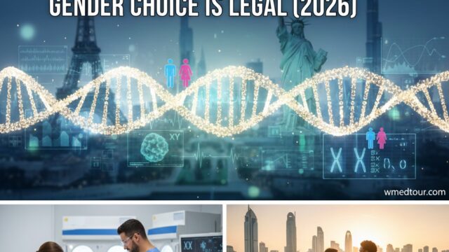 Global map with icons representing IVF and genetic selection, highlighting countries where gender selection is legal in 2026.