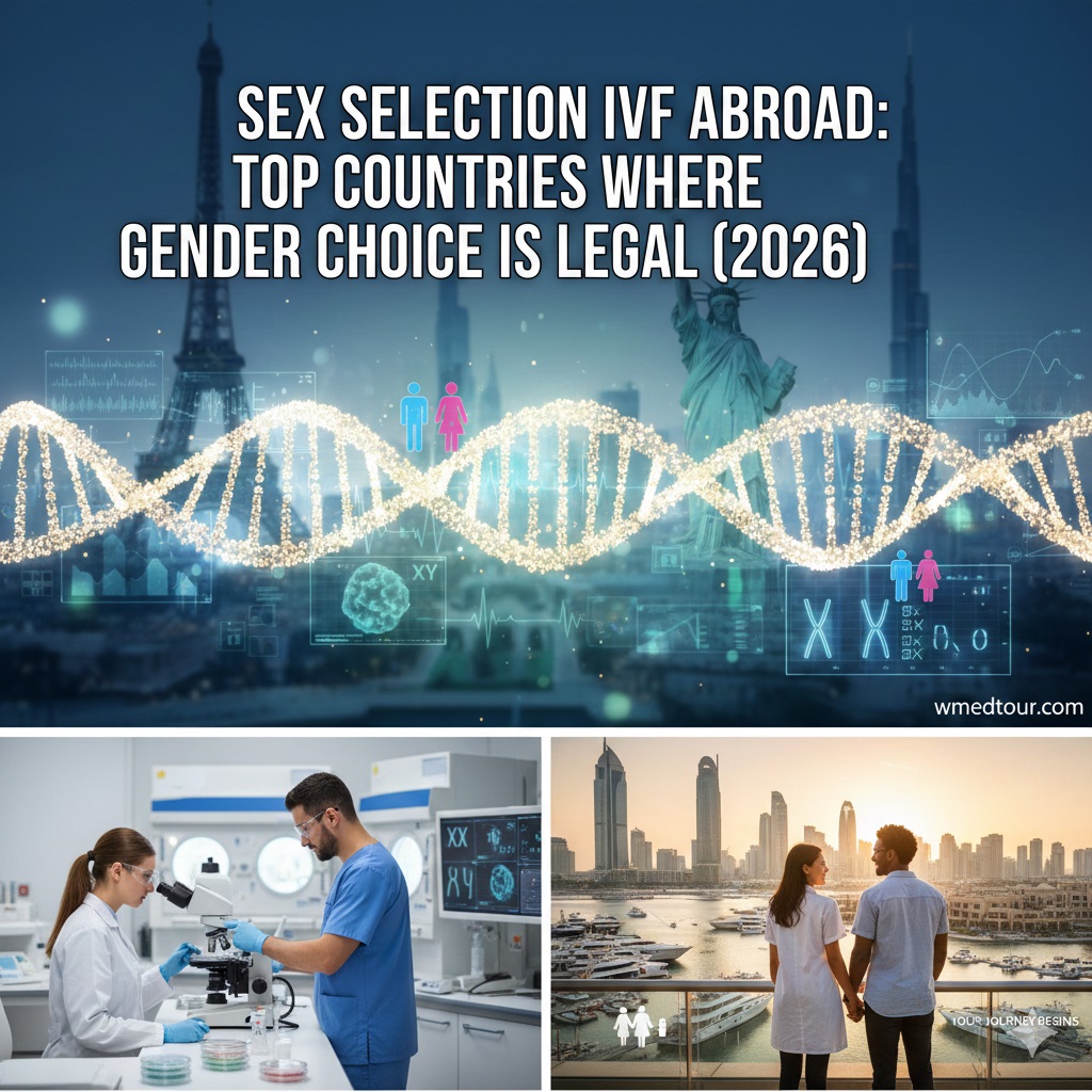 Global map with icons representing IVF and genetic selection, highlighting countries where gender selection is legal in 2026.
