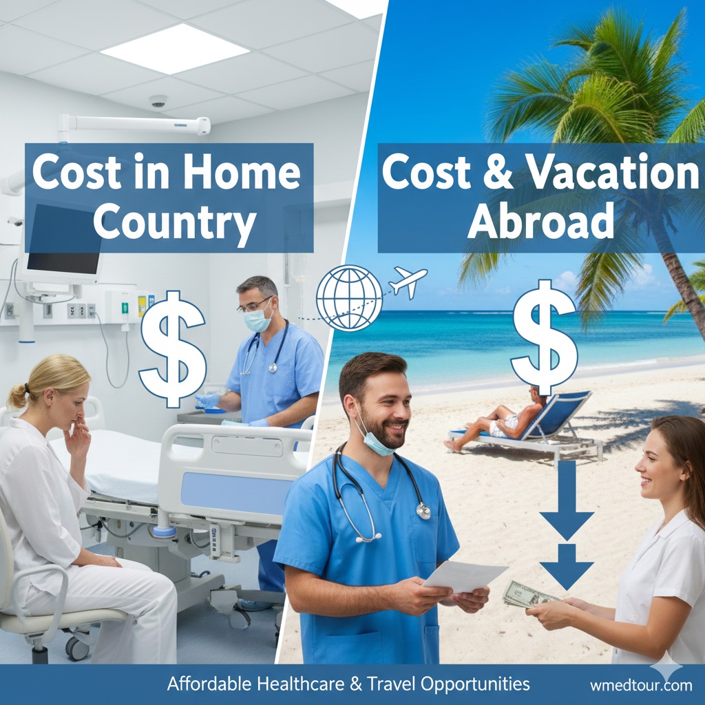 Side-by-side comparison illustrating high abdominoplasty cost in a home country hospital versus lower, combined surgery and vacation cost overseas.
