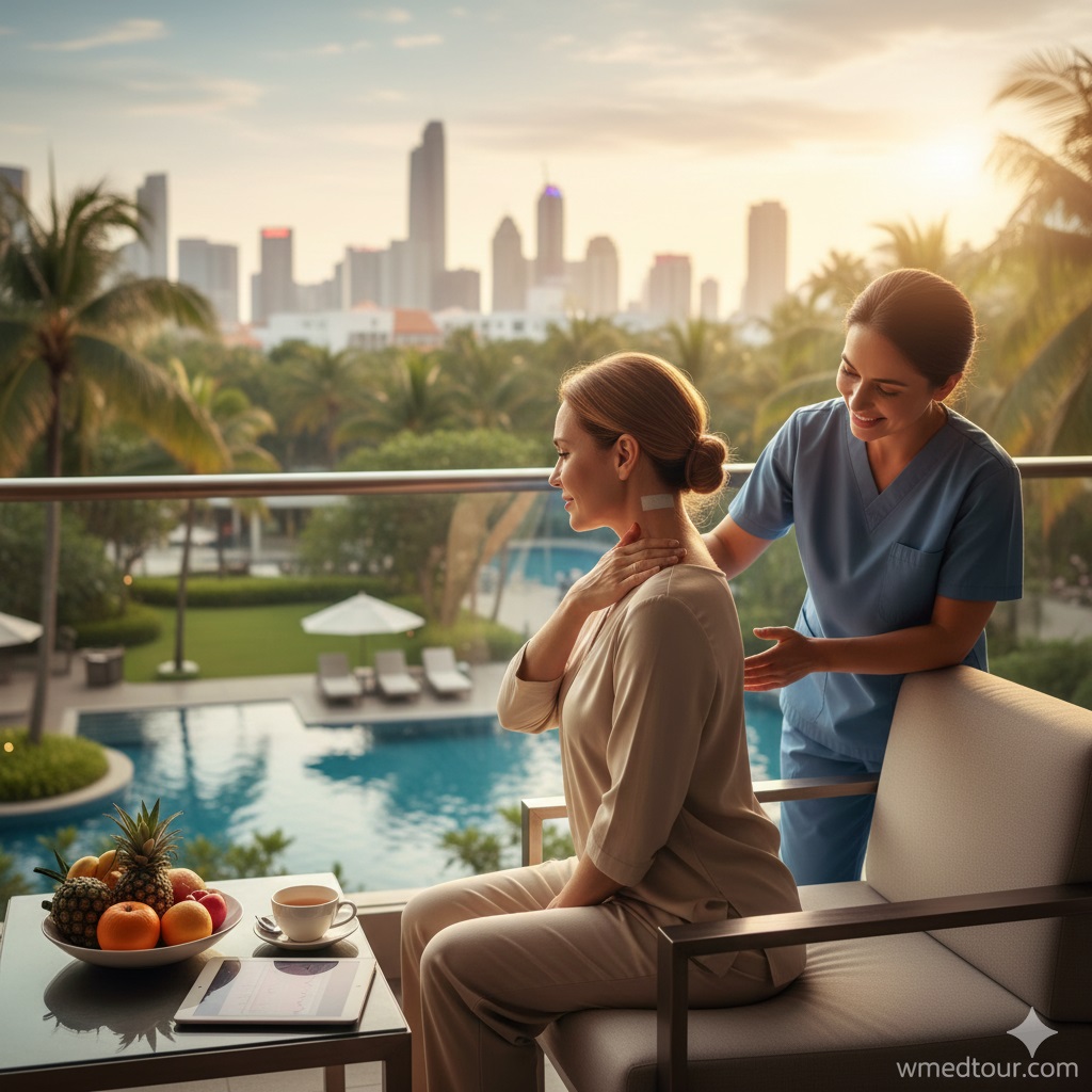 A smiling nurse assists a female patient on a balcony overlooking a tropical resort and city skyline, depicting comfortable and serene recovery after spinal surgery abroad.