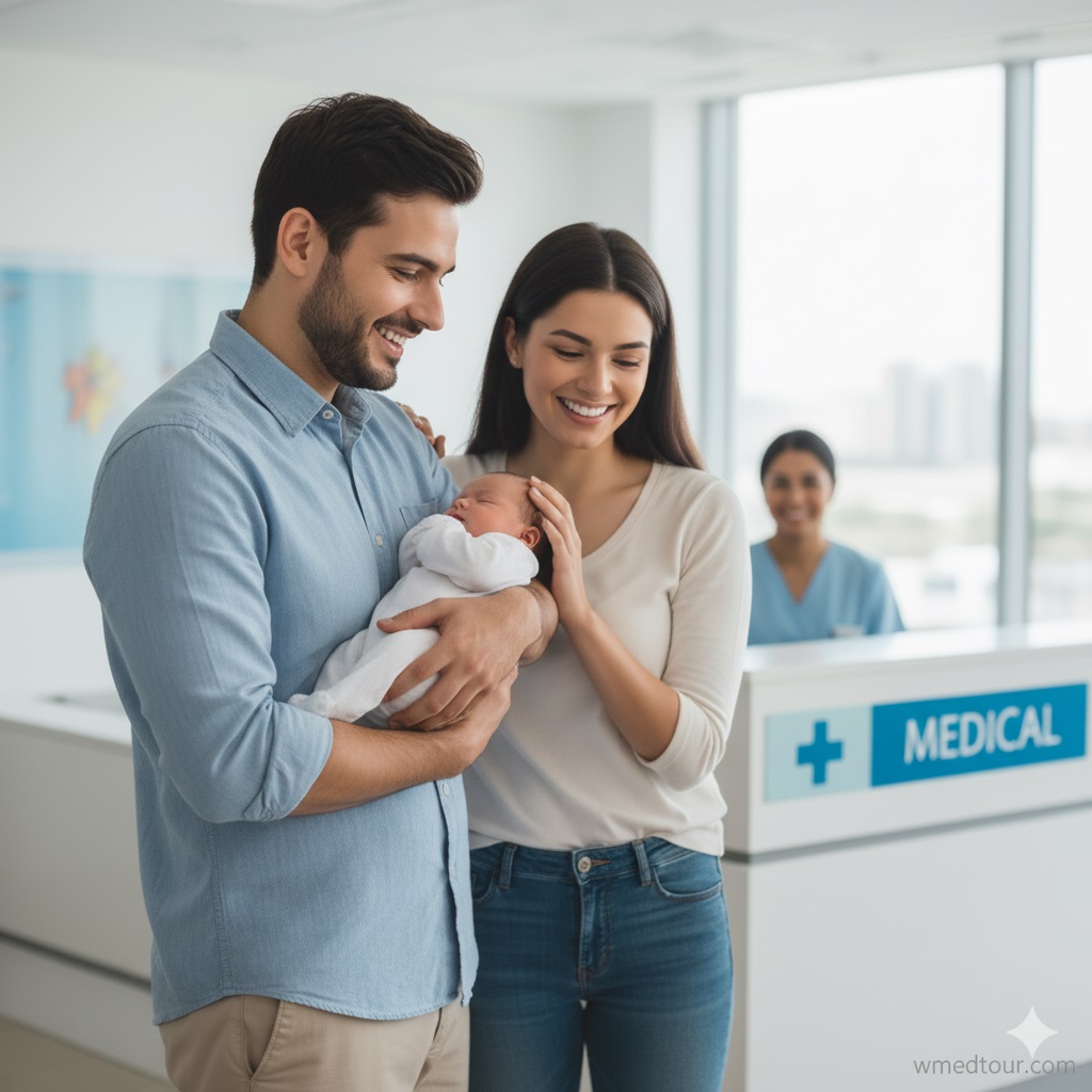 A joyful couple, a father holding a newborn baby and the mother looking lovingly at them, standing near the reception desk of a modern medical clinic.