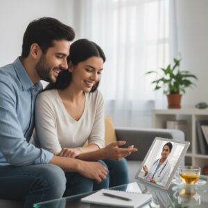A smiling couple sitting on a sofa, engaged in a video call with a female doctor on a tablet, discussing their IVF journey.
