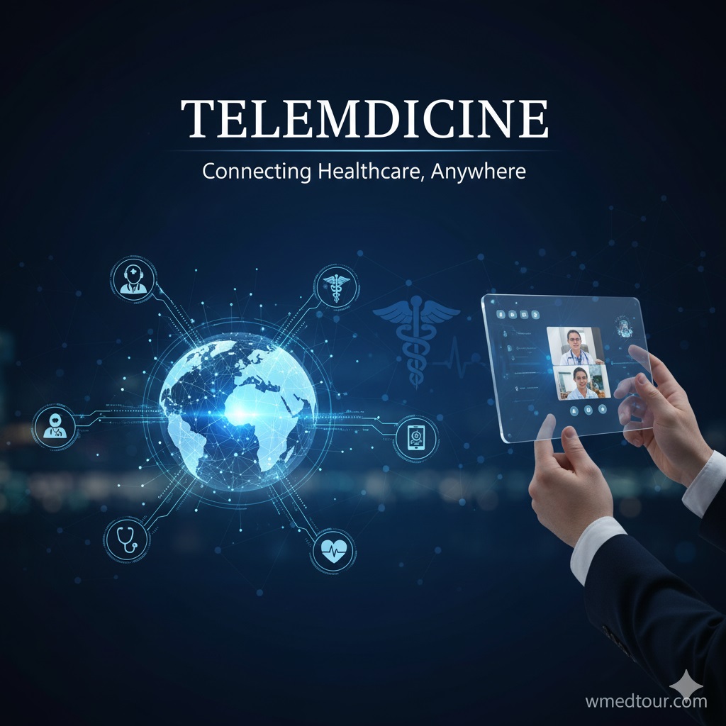 Telemedicine: Connecting Healthcare, Anywhere High-definition image representing telemedicine, featuring a global network, connected healthcare icons, a tablet displaying a video consultation, and the wmedtour.com watermark." Caption Suggestion: