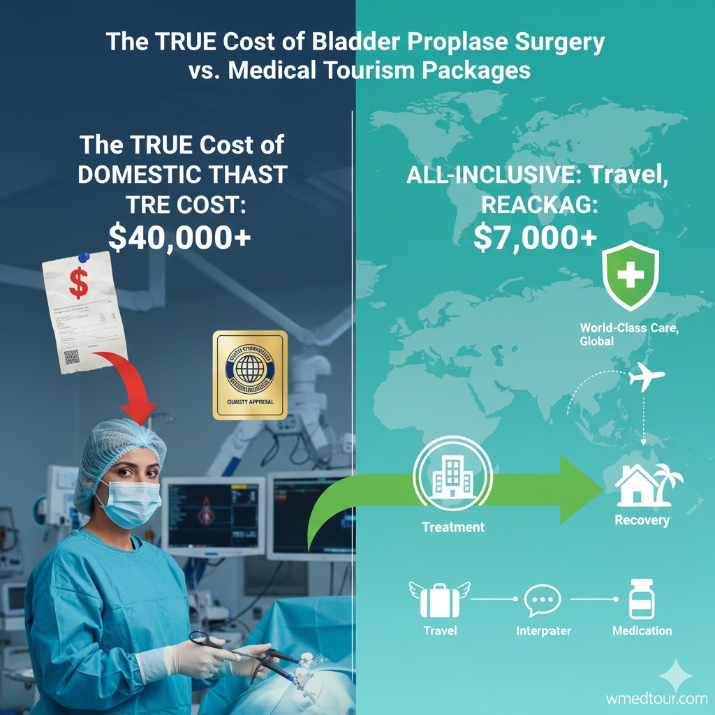 A visual comparison showing a high domestic surgery bill (over $40,000) versus an all-inclusive medical tourism package (around $7,000), highlighting value and comprehensive care abroad.