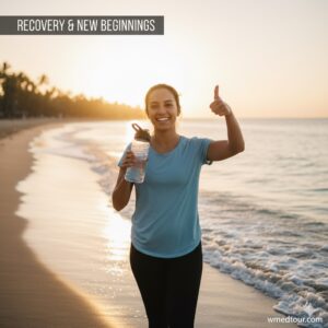 A happy woman giving a thumbs up on a beach at sunrise, holding a water bottle, representing successful gastric sleeve surgery recovery and new beginnings.