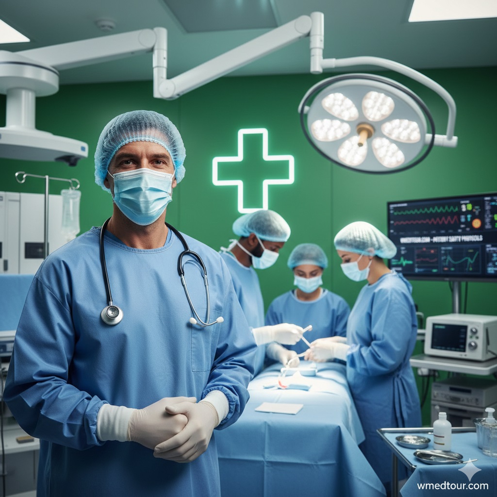 A professional male surgeon in scrubs, mask, and stethoscope standing confidently in a modern operating room with a surgical team performing a procedure in the background, emphasizing patient safety