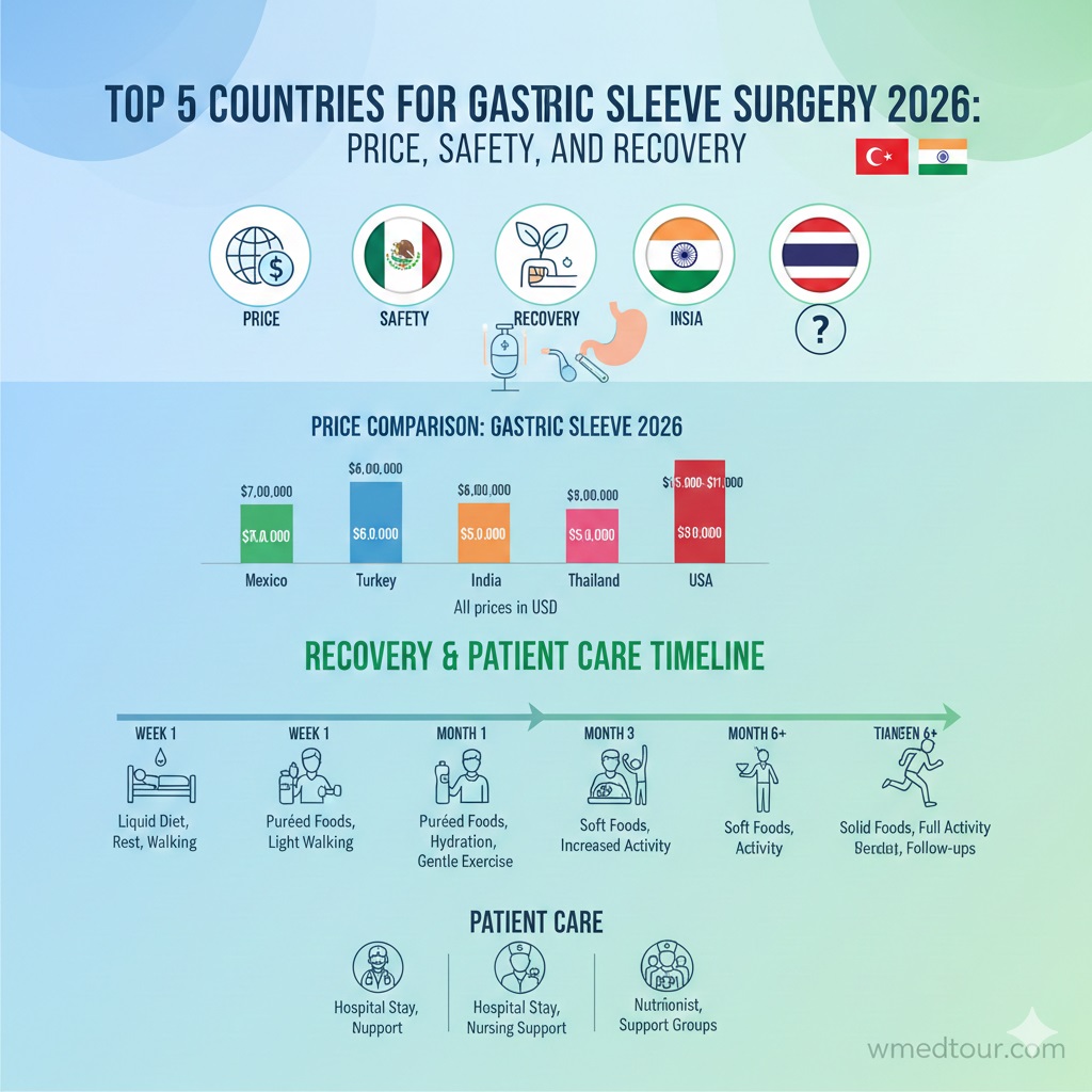 Infographic displaying the top 5 countries for gastric sleeve surgery in 2026, comparing price, safety, and recovery timelines, with country flags and medical icons.