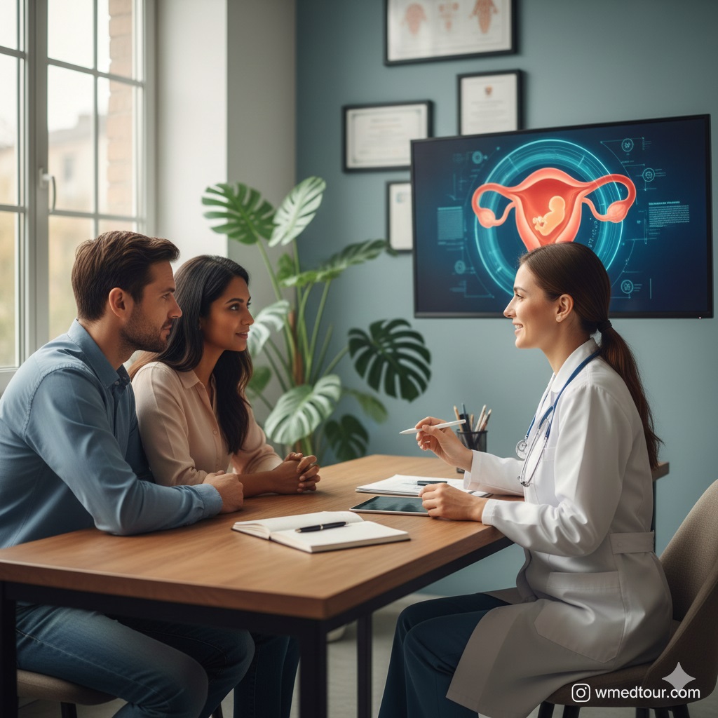 A couple sitting with a female doctor in a clinic, looking at a screen displaying a uterus, discussing surrogacy options.