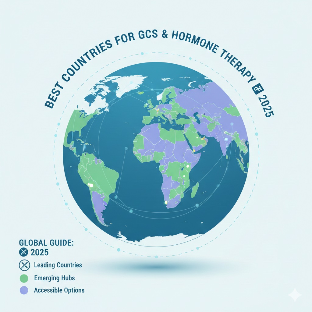 A color-coded world map illustrating the "Global Guide to GCS & Hormone Therapy 2025." It uses green for Leading Countries (e.g., Thailand, Argentina), lighter green for Emerging Hubs (e.g., Turkey, Mexico), and purple for Accessible Options (general Western nations) to denote global transition destinations.