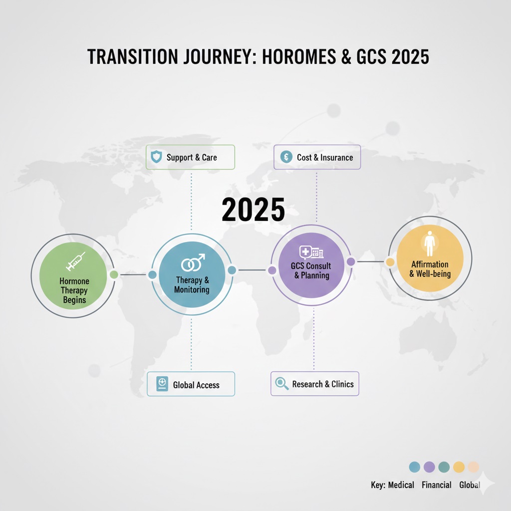 A 5-step process flowchart titled "Transition Journey: Hormones & GCS 2025." The steps, from left to right, are: 1. Hormone Therapy Begins, 2. Therapy & Monitoring, 3. GCS Consult & Planning, 4. Affirmation & Well-being, with callouts for Cost & Insurance, Global Access, Research & Clinics, and Support & Care.