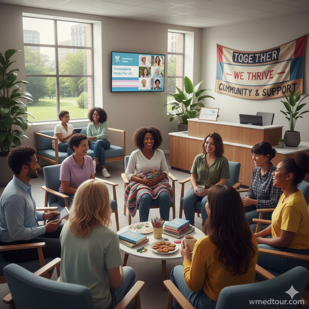 A diverse group of people participating in a supportive community gathering or group therapy session in a modern, welcoming room, with a banner that reads "Together We Thrive - Community & Support".