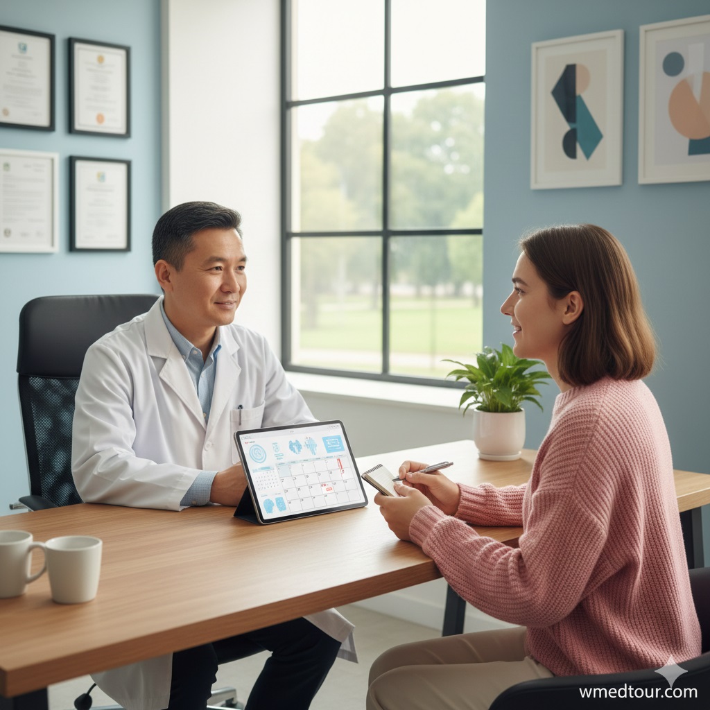 A friendly doctor in a white coat consulting with a patient, who is smiling and taking notes, with a tablet displaying medical information and a calendar on the desk.