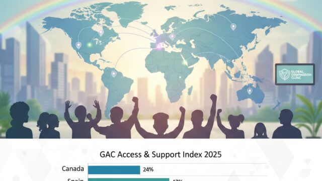 A world map highlighting countries with strong gender-affirming care, featuring diverse silhouettes of people with raised hands, a rainbow, and a clinic sign, with the title "Top Countries for Gender-Affirming Care (GAC) ⚧️ in 2025" and a small "wmedtour.com" watermark.