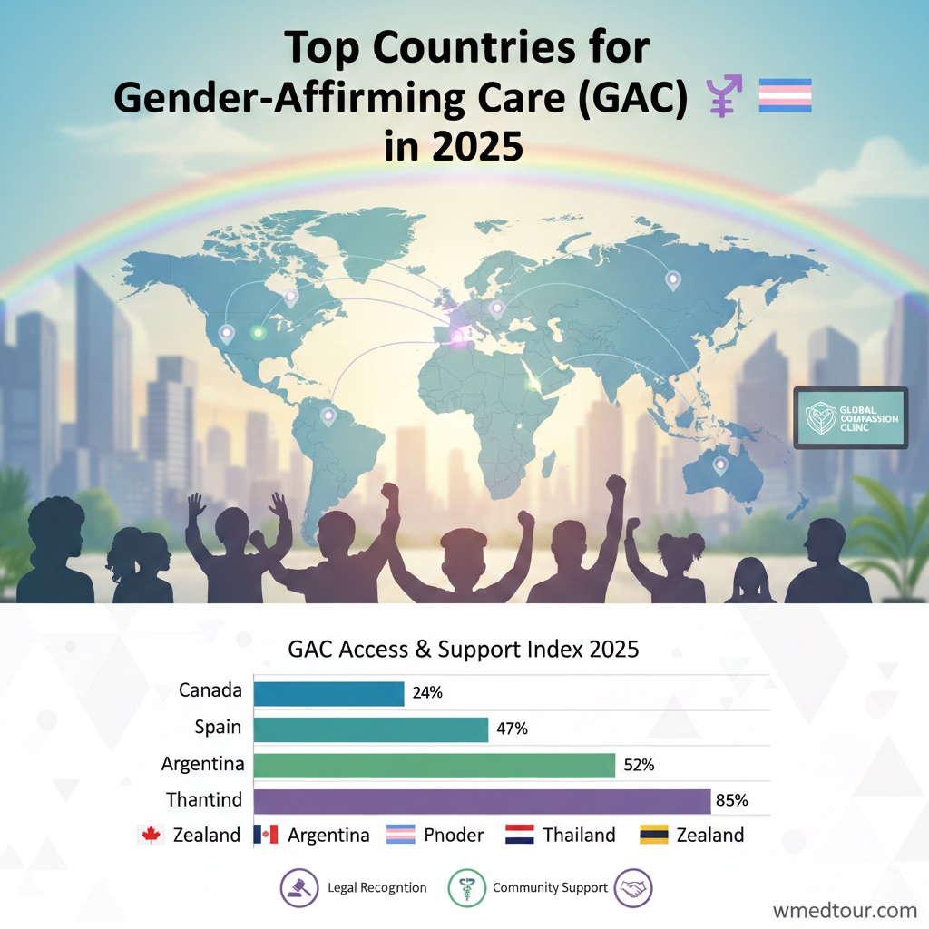 A world map highlighting countries with strong gender-affirming care, featuring diverse silhouettes of people with raised hands, a rainbow, and a clinic sign, with the title "Top Countries for Gender-Affirming Care (GAC) ⚧️ in 2025" and a small "wmedtour.com" watermark.