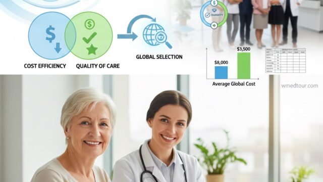 Infographic comparing cost and quality of hospitals for extracapsular cataract extraction, featuring medical professionals and an older patient, with the title "Top Hospitals for Extracapsular Cataract Extraction: Compare Cost & Quality 2025" and wmedtour.com watermark.