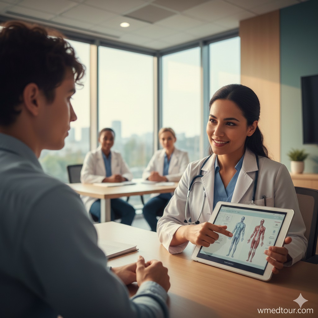 A doctor showing a patient a digital medical illustration on a tablet during a consultation, representing experienced medical teams in top GRS hospitals in Western countries.