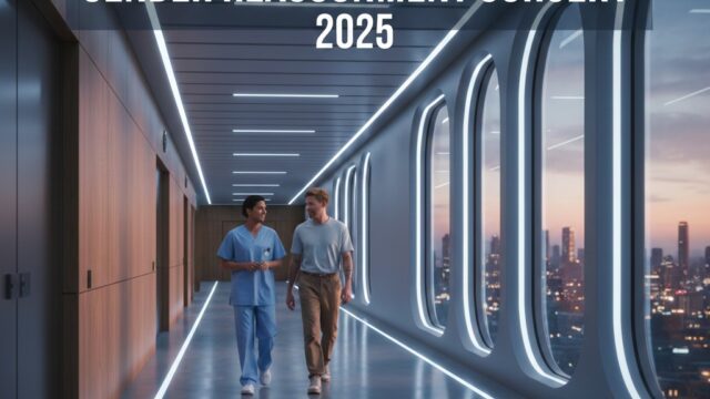 A high-definition image of a modern, bright hospital corridor with a medical professional and patient walking, symbolizing world-class centers for gender reassignment surgery in 2025.