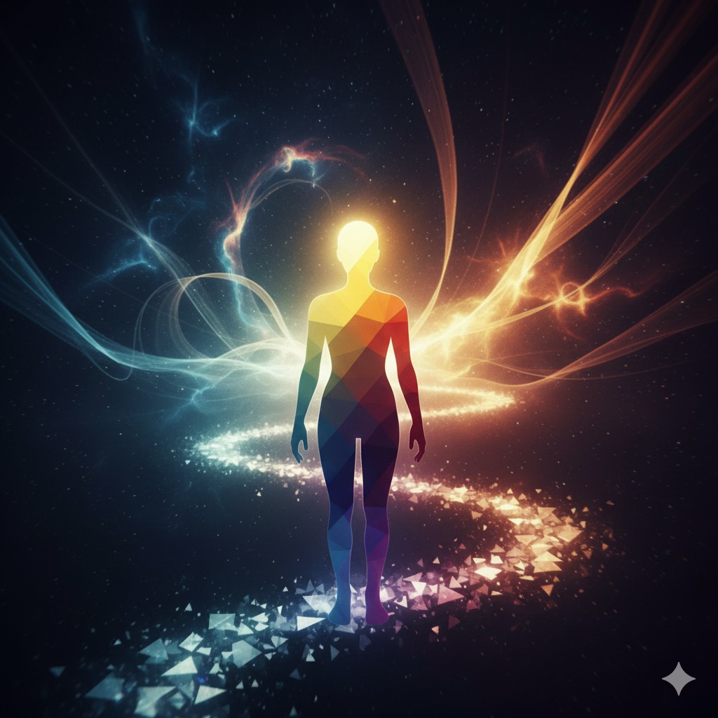 An artistic, abstract image showing a stylized, gender-neutral human silhouette composed of colorful, geometric shapes, standing on a path of light particles. Swirling light trails of various colors emanate from behind, suggesting a journey or transformation against a dark, cosmic background.
