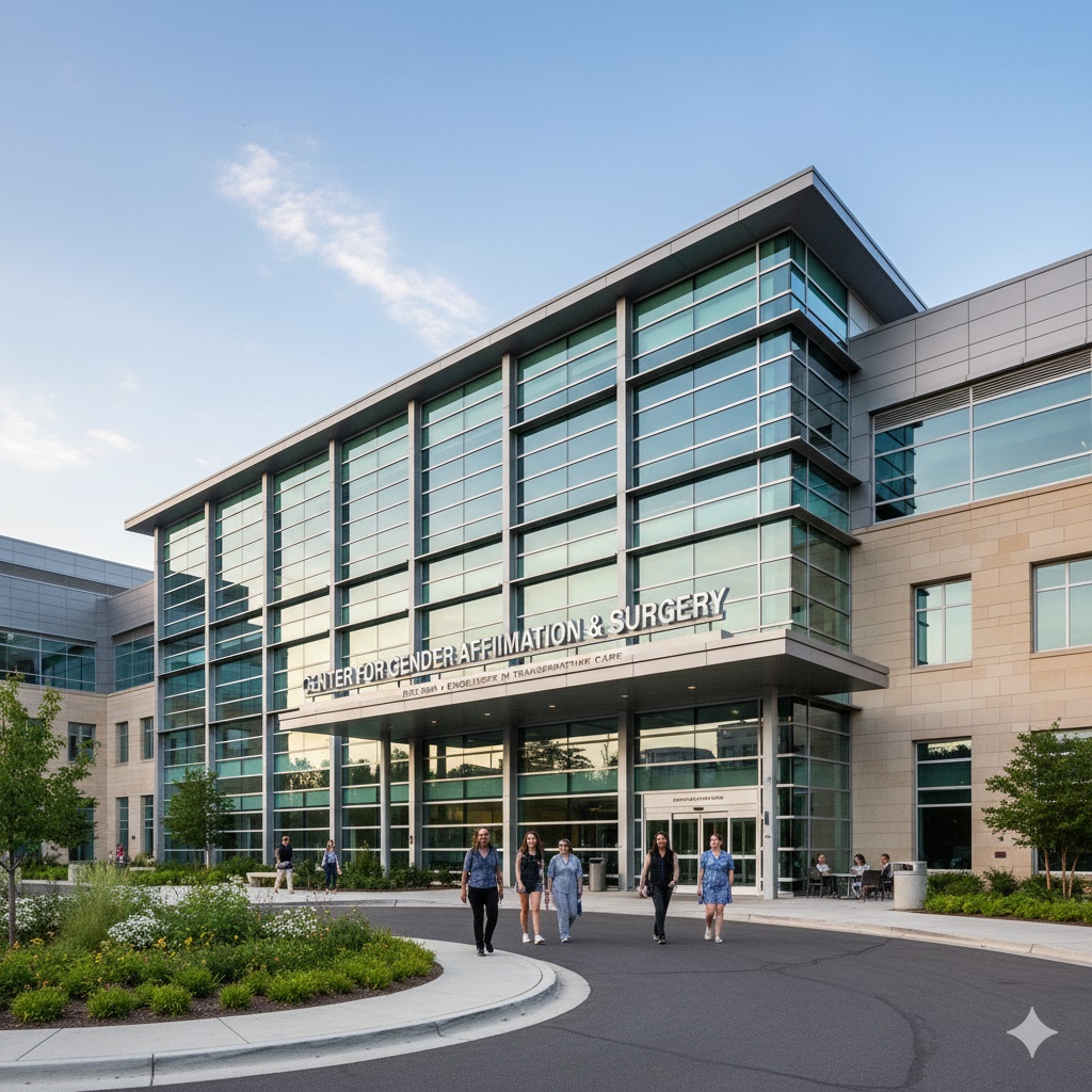 The modern, glass and stone exterior of a large, well-maintained hospital or medical center, with a clear sky above and landscaping in front. People are seen walking towards the entrance, suggesting activity and accessibility.