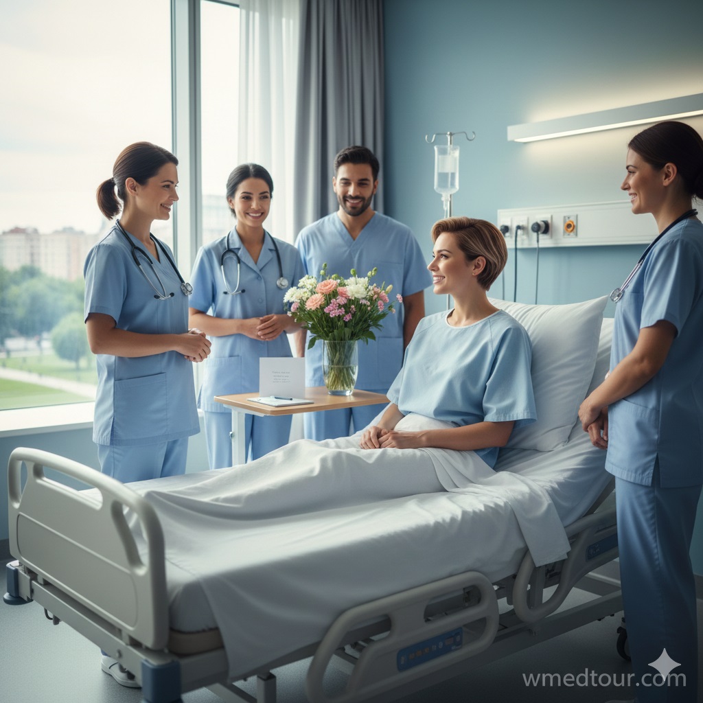 A happy patient in a hospital gown sits up in bed, smiling at a diverse team of four medical staff, including nurses and doctors, who are gathered around, one holding a vase of flowers. The room is bright and clean with a large window overlooking greenery. A small 'wmedtour.com' watermark is in the bottom right