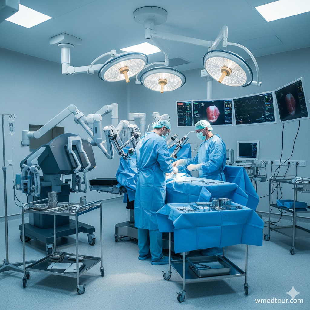 Two surgeons in full surgical attire are performing an operation in a brightly lit, advanced operating room with multiple overhead surgical lights, digital monitors displaying patient vitals, and robotic surgical equipment visible in the background, suggesting high-tech medical procedures. A small 'wmedtour.com' watermark is in the bottom right.