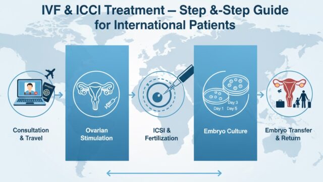 Detailed illustration showing the key steps of the IVF and ICSI process, including laboratory culture, embryo transfer, and hopeful international patients in the background.