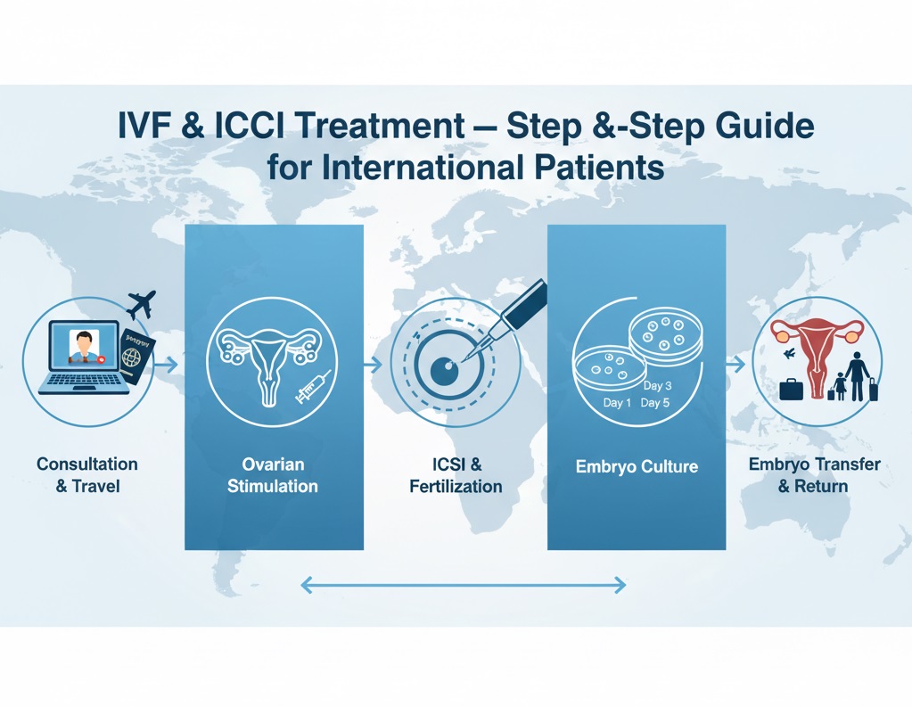 Detailed illustration showing the key steps of the IVF and ICSI process, including laboratory culture, embryo transfer, and hopeful international patients in the background.