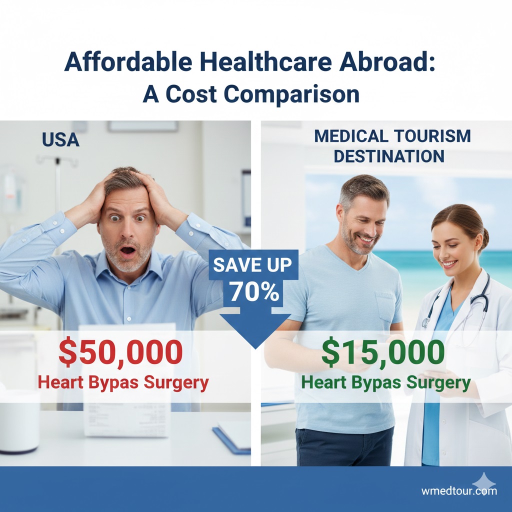 A side-by-side comparison showing a man shocked by a $50,000 heart bypass surgery bill in the USA, and a smiling man with a doctor in a medical tourism destination where the same surgery costs $15,000, with a "Save up to 70%" arrow.