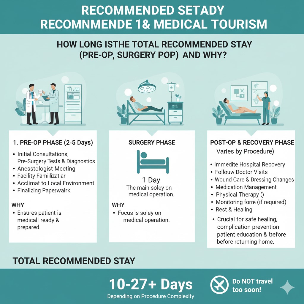 Infographic detailing the recommended total stay duration for medical tourism, which ranges from 10–27+ Days. It is broken down into three phases: 1. Pre-Op Phase (2–5 Days), involving consultations and tests; the 2. Surgery Phase (1 Day), focusing on the main medical operation; and the 3. Post-Op & Recovery Phase (Varies by Procedure), which includes hospital recovery, doctor visits, wound care, and rest. The graphic warns: "Do NOT travel too soon!"