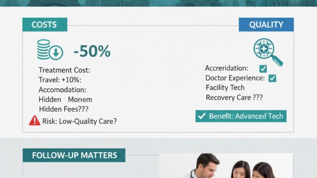 Alt Text: Infographic titled "10 Essential Questions You MUST Ask Before Choosing a Medical Tourism Country," outlining key considerations in three categories: Costs (savings, travel, hidden fees), Quality (accreditation, doctor experience, advanced tech), and Follow-Up Matters (local care coordination, telemedicine, rehabilitation).