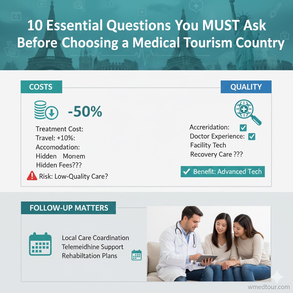 Alt Text: Infographic titled "10 Essential Questions You MUST Ask Before Choosing a Medical Tourism Country," outlining key considerations in three categories: Costs (savings, travel, hidden fees), Quality (accreditation, doctor experience, advanced tech), and Follow-Up Matters (local care coordination, telemedicine, rehabilitation).