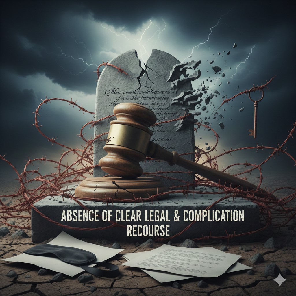 A dramatic, dark image showing a wooden gavel with a brass head resting on a shattered, moss-covered tombstone-like tablet, which is breaking apart under a stormy sky with lightning. The tablet's surface has faint, illegible script, symbolizing broken law or precedent. Barbed wire is tangled around the scene. At the bottom, the text reads: "ABSENCE OF CLEAR LEGAL & COMPLICATION RECOURSE." Scattered papers and a black blindfold lie on the cracked, dry earth. A small, rusty key hangs on the right.