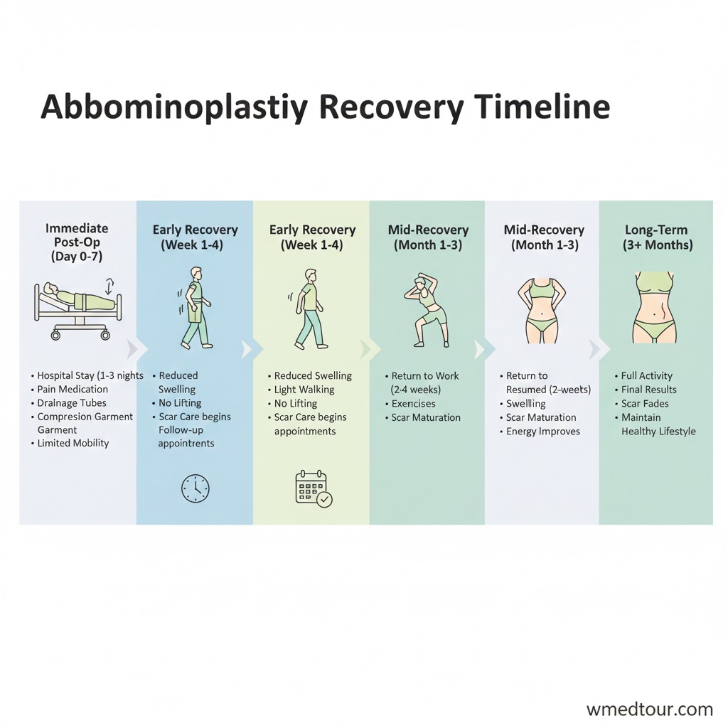 A five-stage infographic detailing the Abdominoplasty recovery timeline, starting from Immediate Post-Op (Day 0-7) through Long-Term (3+ Months), covering hospital stay, reduced activity, return to light walking, return to work/exercise, and final results with scar fading.