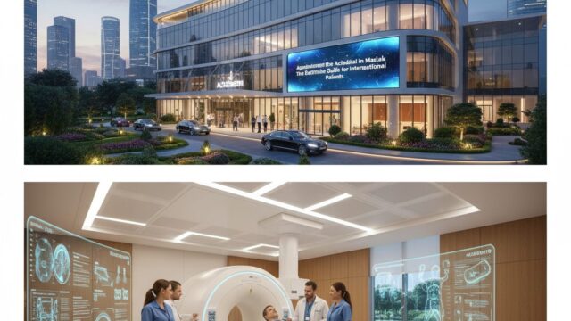 A modern, glass-and-steel hospital exterior with a distinctive curved architectural design, set against a backdrop of a vibrant, modern city skyline (like Istanbul's Maslak district). A small "wmedtour.com" watermark is visible in the corner.