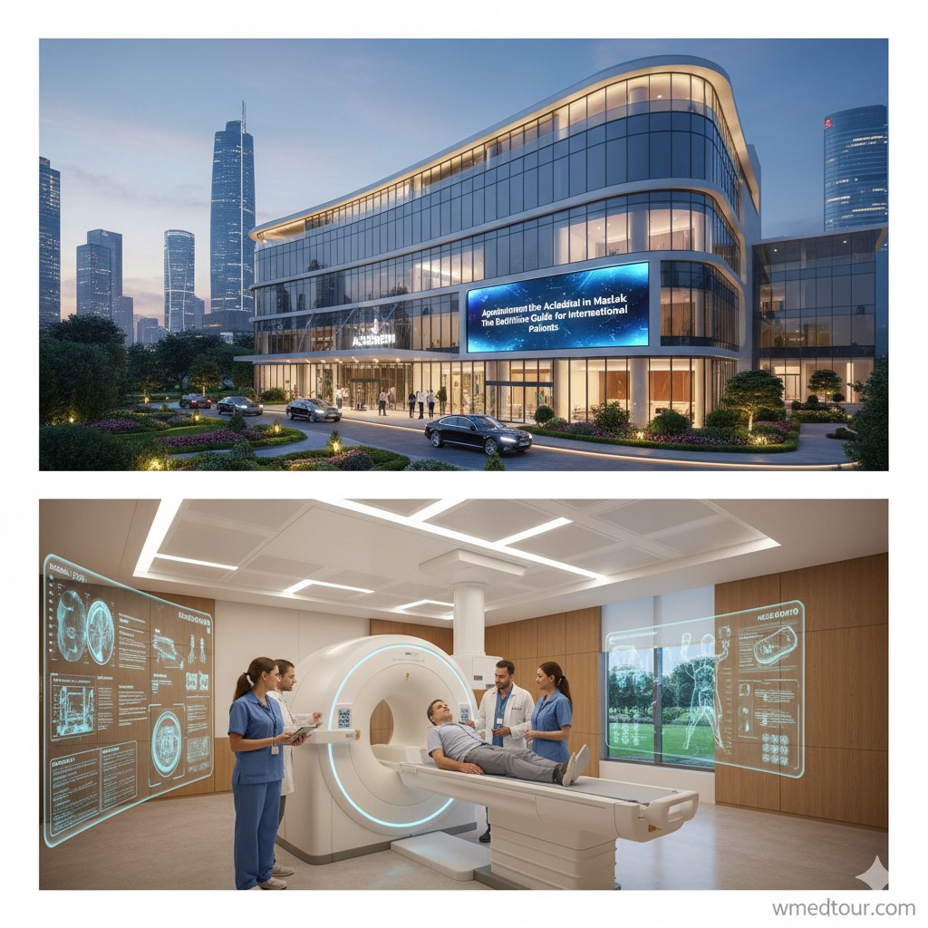 A modern, glass-and-steel hospital exterior with a distinctive curved architectural design, set against a backdrop of a vibrant, modern city skyline (like Istanbul's Maslak district). A small "wmedtour.com" watermark is visible in the corner.
