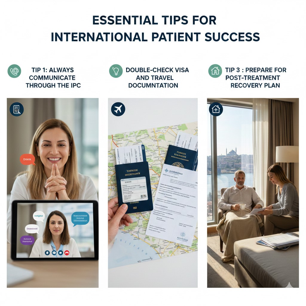 A graphic summarizing key tips for international patients: communicating through the International Patient Center (IPC), double-checking visa and travel documents, and preparing for post-treatment recovery in Istanbul. The image features icons for communication, travel documents (passport/map), and hotel recovery.