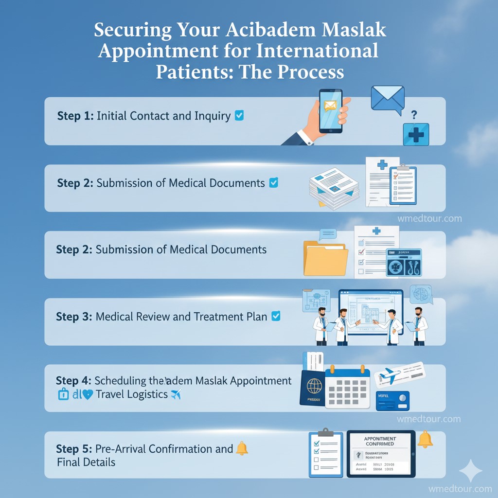 Infographic detailing the 5 steps for international patients to secure an appointment at Acıbadem Maslak, including contact, document submission, medical review, scheduling, and pre-arrival confirmation.