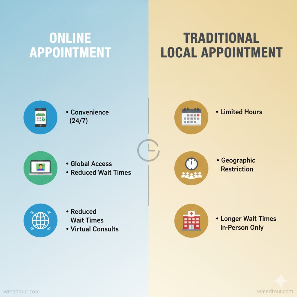 Infographic comparing Online Appointment and Traditional Local Appointment. Online appointments offer Convenience (24/7), Global Access, Reduced Wait Times, and Virtual Consults. Traditional appointments have Limited Hours, Geographic Restriction, Longer Wait Times, and are In-Person Only.