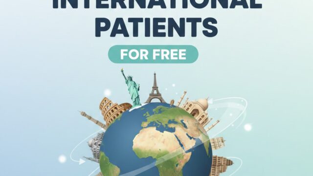A professional graphic titled "Attract International Patients For Free: 2026 Guide." It features a 3D Earth surrounded by global landmarks like the Statue of Liberty, Eiffel Tower, and Taj Mahal, with digital flight paths symbolizing international medical travel on a clean, light blue background.