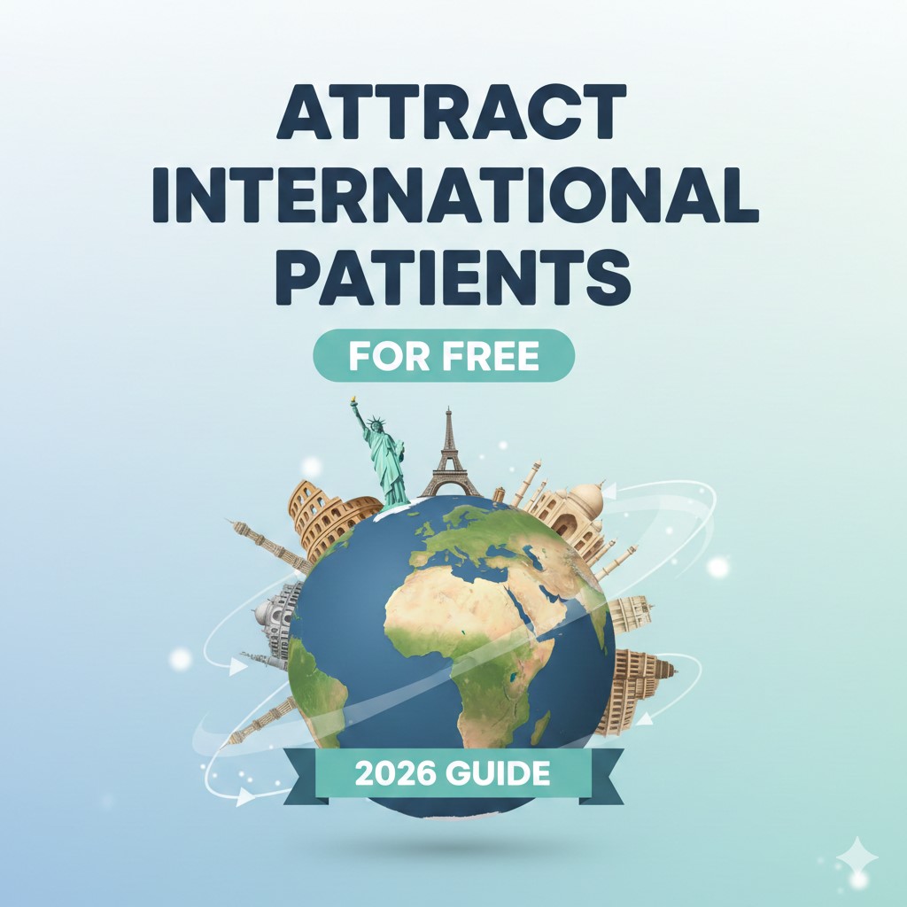 A professional graphic titled "Attract International Patients For Free: 2026 Guide." It features a 3D Earth surrounded by global landmarks like the Statue of Liberty, Eiffel Tower, and Taj Mahal, with digital flight paths symbolizing international medical travel on a clean, light blue background.