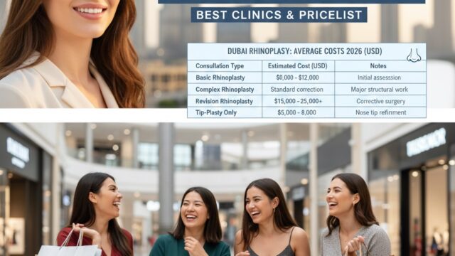 A sleek, modern graphic showing the side profile of a perfectly shaped nose set against a futuristic Dubai skyline, representing high-quality cosmetic surgery in the UAE.