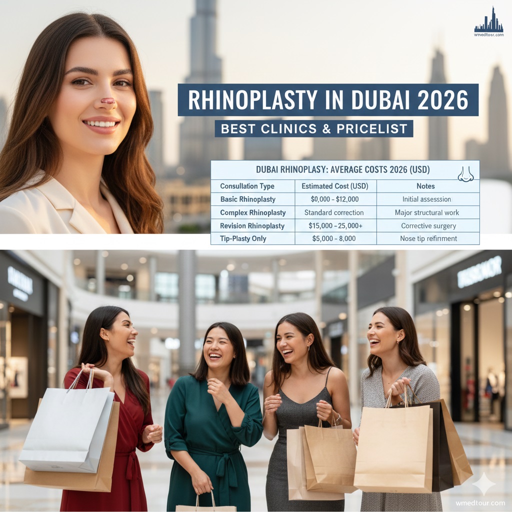 A sleek, modern graphic showing the side profile of a perfectly shaped nose set against a futuristic Dubai skyline, representing high-quality cosmetic surgery in the UAE.
