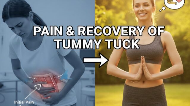 Split image showing a woman in pain (left, surgical setting) and a happy, fit woman meditating (right, outdoors), illustrating the journey from pain after abdominoplasty to full recovery and positive body image.