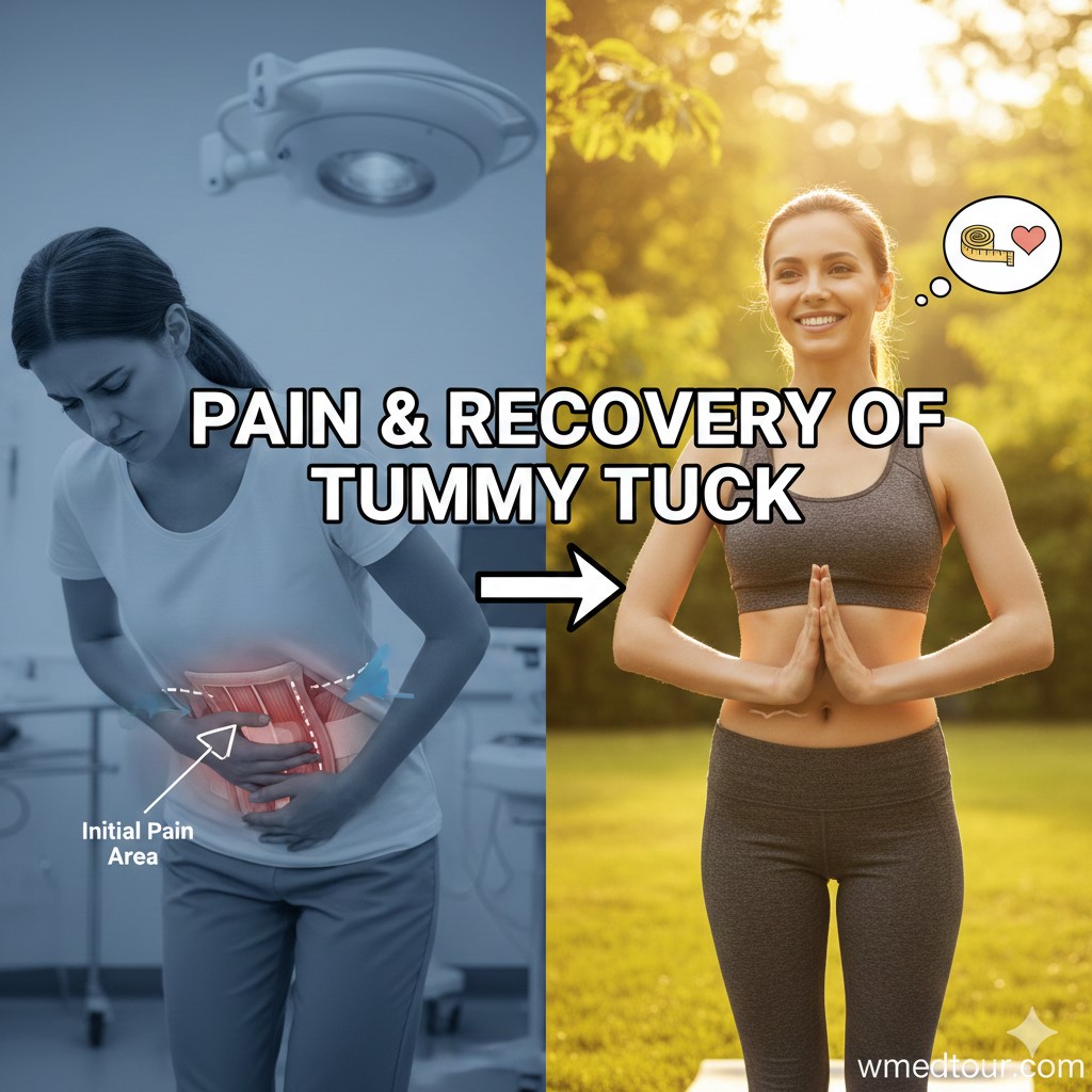 Split image showing a woman in pain (left, surgical setting) and a happy, fit woman meditating (right, outdoors), illustrating the journey from pain after abdominoplasty to full recovery and positive body image.
