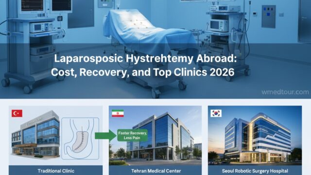 Operating room setup with a patient bed and surgical monitors, alongside three images of medical clinics labeled 'Traditional Clinic' (Turkey), 'Tehran Medical Center' (Iran), and 'Seoul Robotic Surgery Hospital' (South Korea). A bar chart below compares the cost of laparoscopic hysterectomy in the USA, UK, Iran, and South Korea, showing Iran and South Korea as more expensive than the USA and UK in the depicted data.