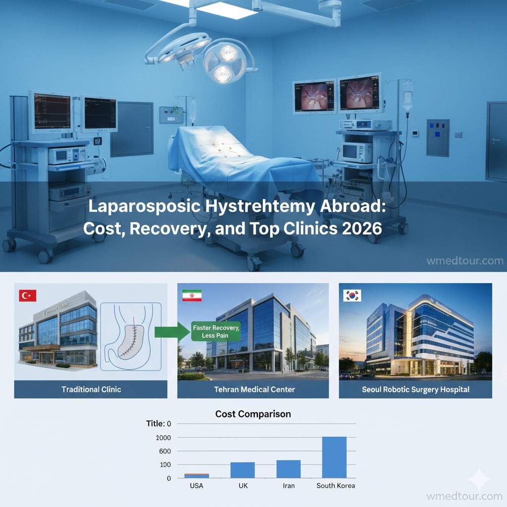Operating room setup with a patient bed and surgical monitors, alongside three images of medical clinics labeled 'Traditional Clinic' (Turkey), 'Tehran Medical Center' (Iran), and 'Seoul Robotic Surgery Hospital' (South Korea). A bar chart below compares the cost of laparoscopic hysterectomy in the USA, UK, Iran, and South Korea, showing Iran and South Korea as more expensive than the USA and UK in the depicted data.