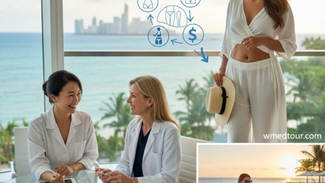 Collage image promoting medical tourism for a Mummy Makeover, showing two doctors consulting with forms and tablets, a woman posing with a flat stomach overlooking a city skyline, and two women relaxing by the ocean at sunset.