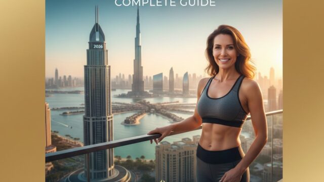 A professional guide cover for "Tummy Tuck in Dubai 2026" featuring a fit woman on a balcony overlooking the Dubai skyline and Burj Khalifa. The image includes a gold phoenix logo and sections for Leading Clinics, Expert Surgeons, and Recovery.
